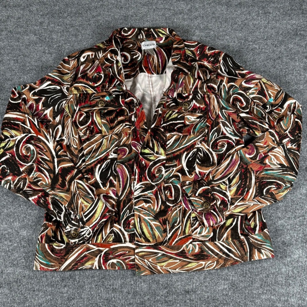 Chicos Size 2 Cardigan Jacket Lg Chest Sleeve Pocket Brown Colorful Fall Fashion